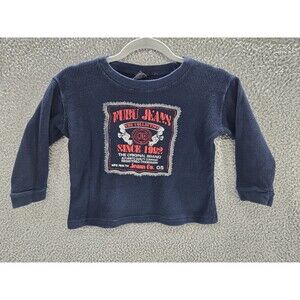 FUBU Jeans Shirt Boys Size 6 Navy Blue Long Sleeve Waffle Knit Graphic 90s Style